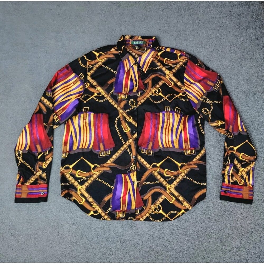 VTG Ralph Lauren Womens Western Equestrian Button Up Shirt Sz (L) Horsebit Black